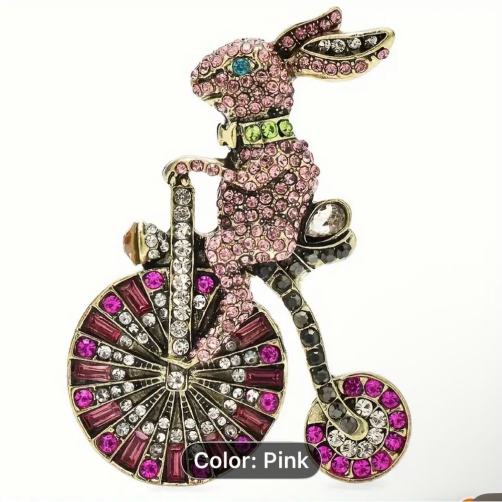 Sparkling Rhinestone Biker Bunny Brooch Cute Alloy Lapel Pin Pink & Red NWOT